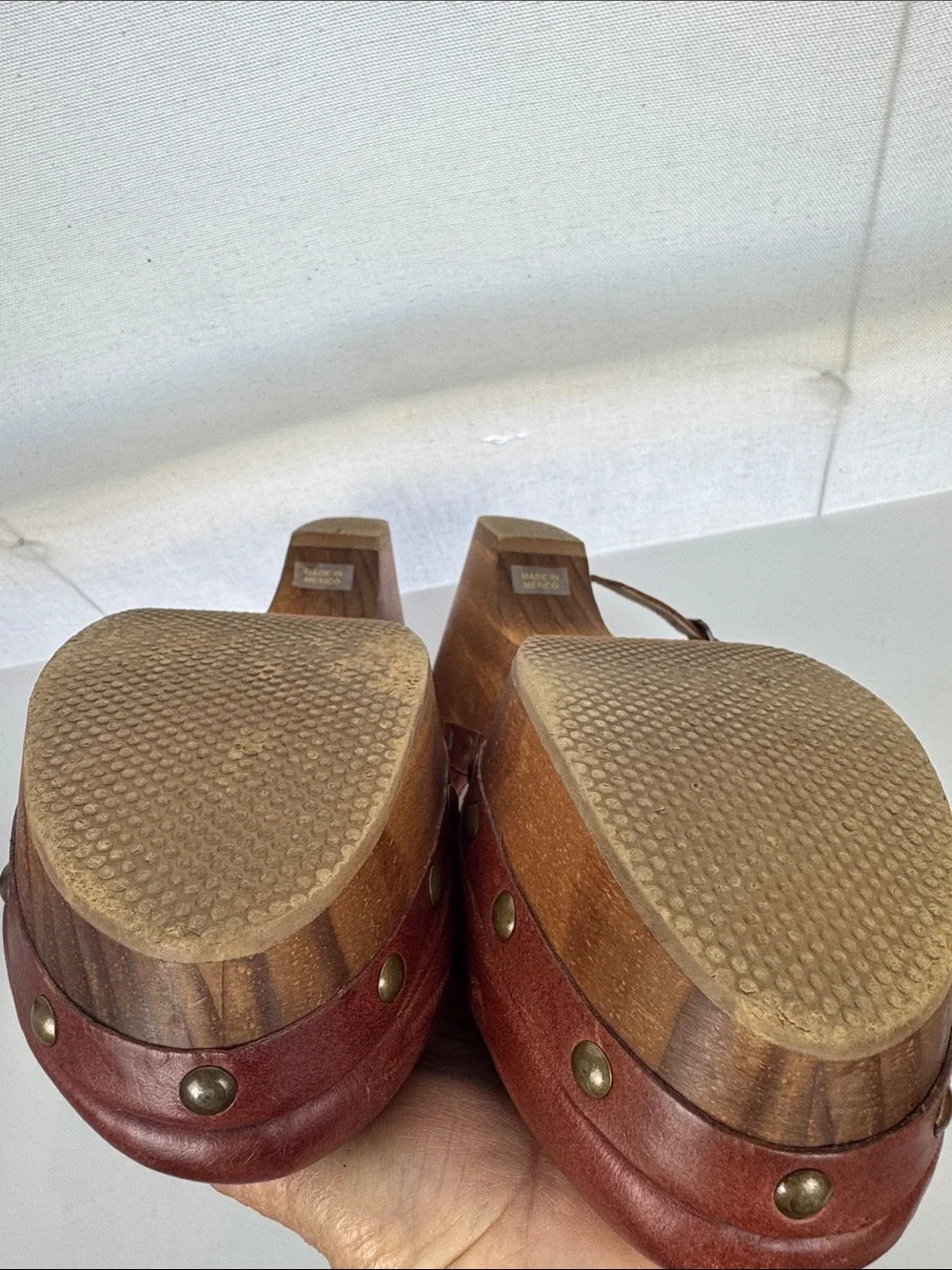 Five Worlds Women's Brown Leather Mary Jane Clog wood Heels studded 10 EUC - Picture 8 of 9